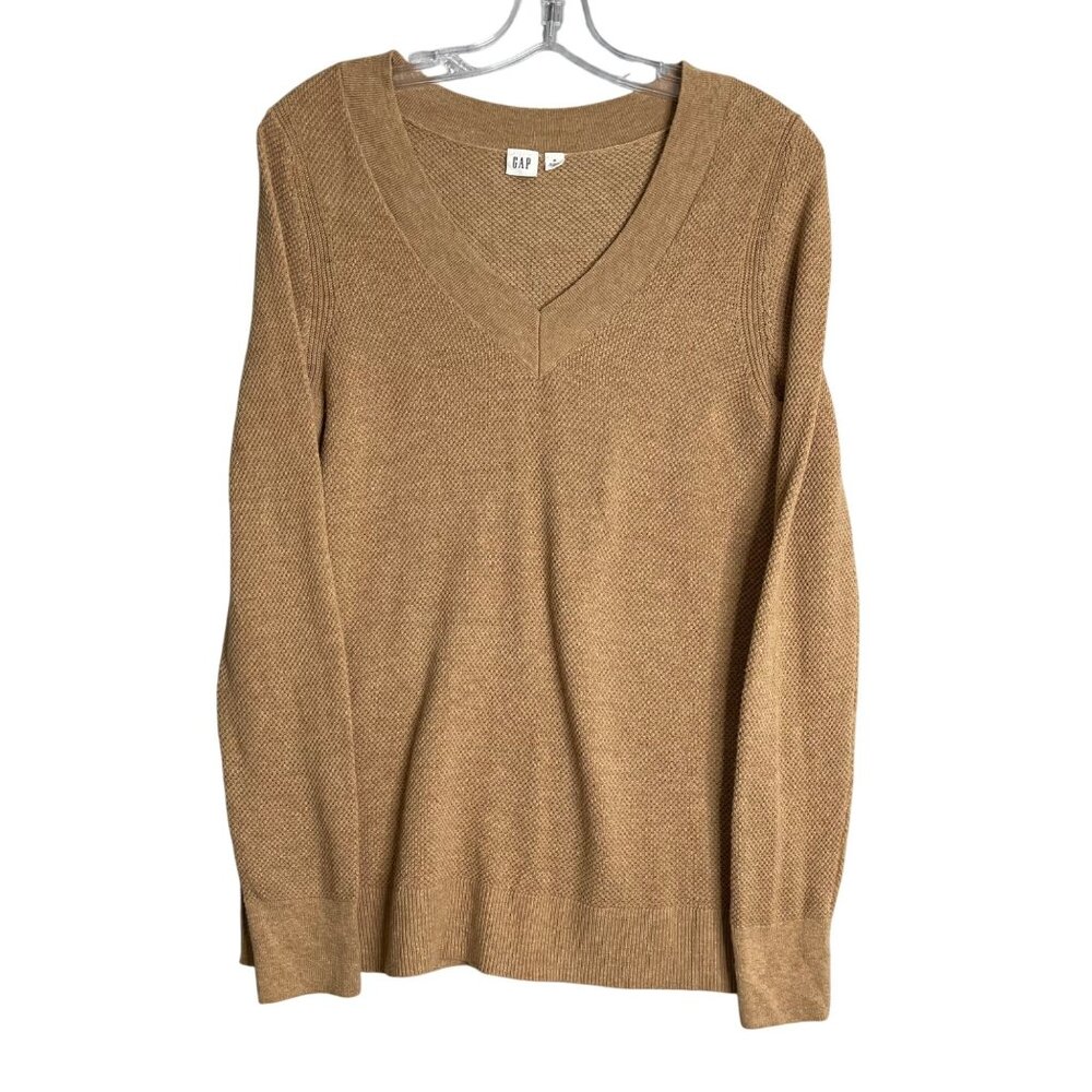 Gap Bella Classic V‎ Neck Sweater Womens M Camel Brown Preppy Academia Casual